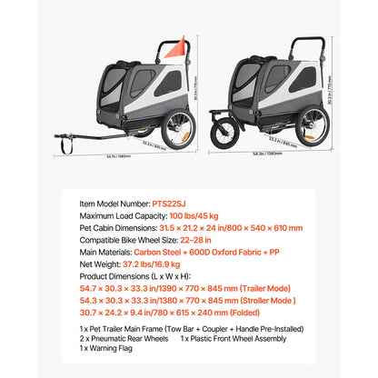 Dog Bike Trailer Supports up to 100 lbs with Quick Release Wheel