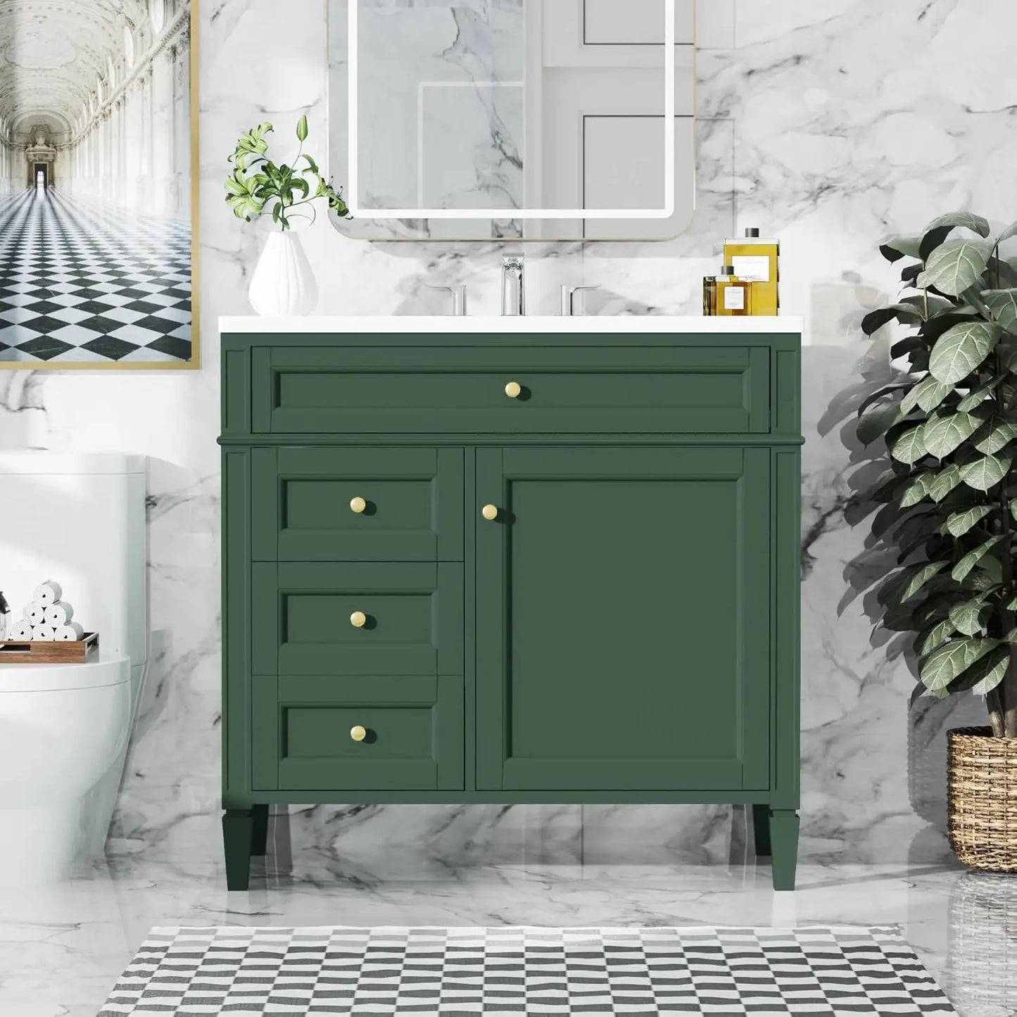 Solid Wood Bathroom Vanity with Soft-Close Doors & Tip-Out Drawer
