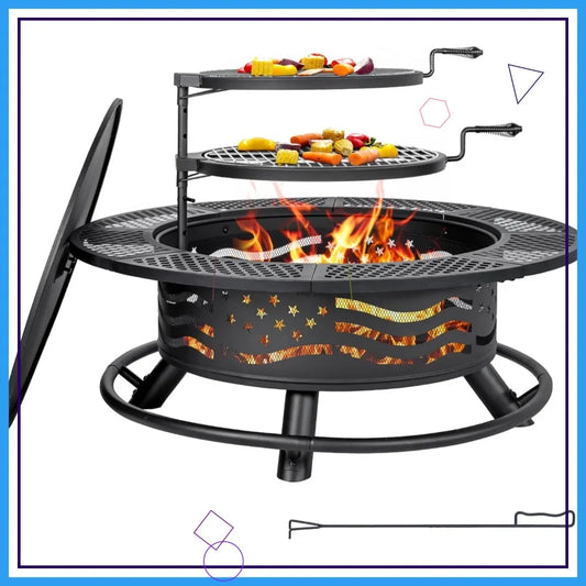 42 Inch Outdoor Wood Burning Fire Pit with Double Cooking Grates