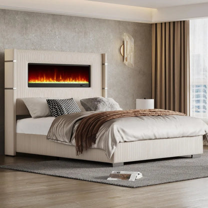 Modern Queen Size Bed Frame with Fireplace
