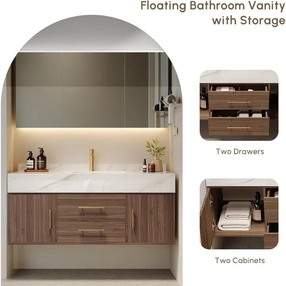 Floating Bathroom Vanity with Sintered Stone Vessel Sink 2 Drawers