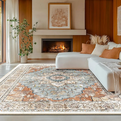 Washable 8x10 Area Rug, Non-Slip Boho Carpet in Green Brick Rust Red