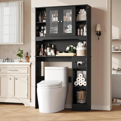 Over Toilet Storage Cabinet with 2 Glass Doors & Paper Holder