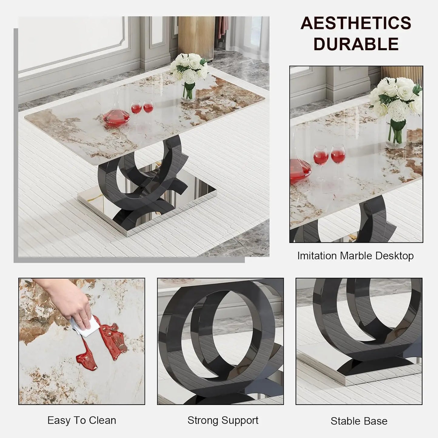 Modern Rectangular Marble Top Dining Table with Black Open-Concept Design Base