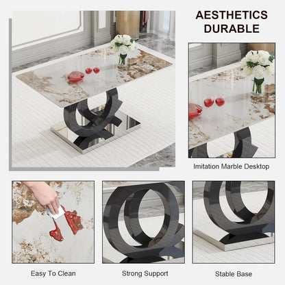 Modern Rectangular Marble Top Dining Table with Black Open-Concept Design Base