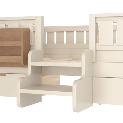 Full Size Kids Montessori Bed Frame with Stairs Bookshelf Drawers