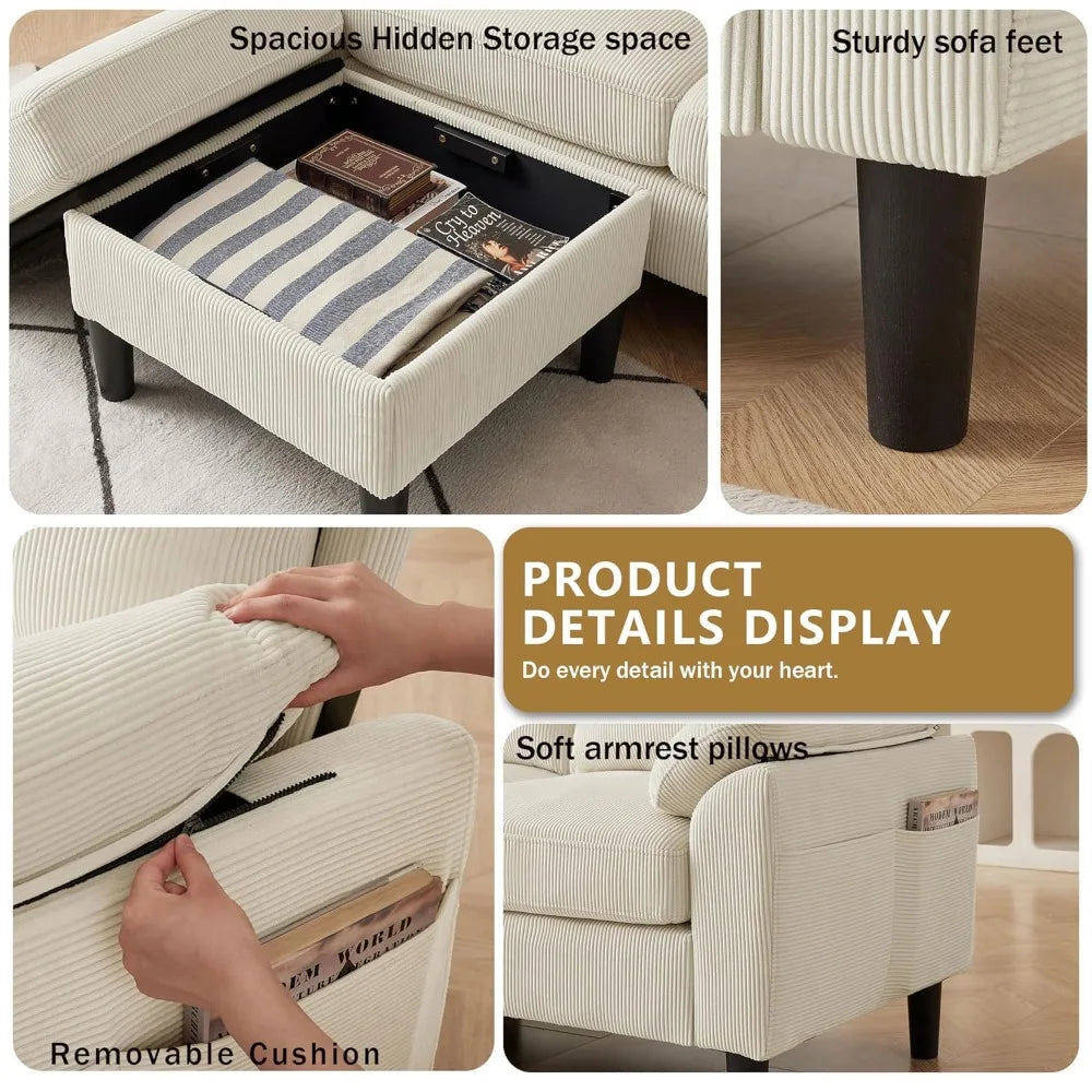 Corduroy Sectional Sofa Set with Storage Ottoman