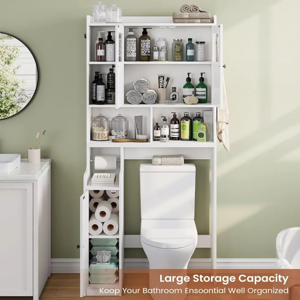 Over Toilet Storage Cabinet with Glass Doors, Bathroom Organizer with Adjustable Shelves