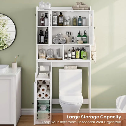Over Toilet Storage Cabinet with Glass Doors, Bathroom Organizer with Adjustable Shelves