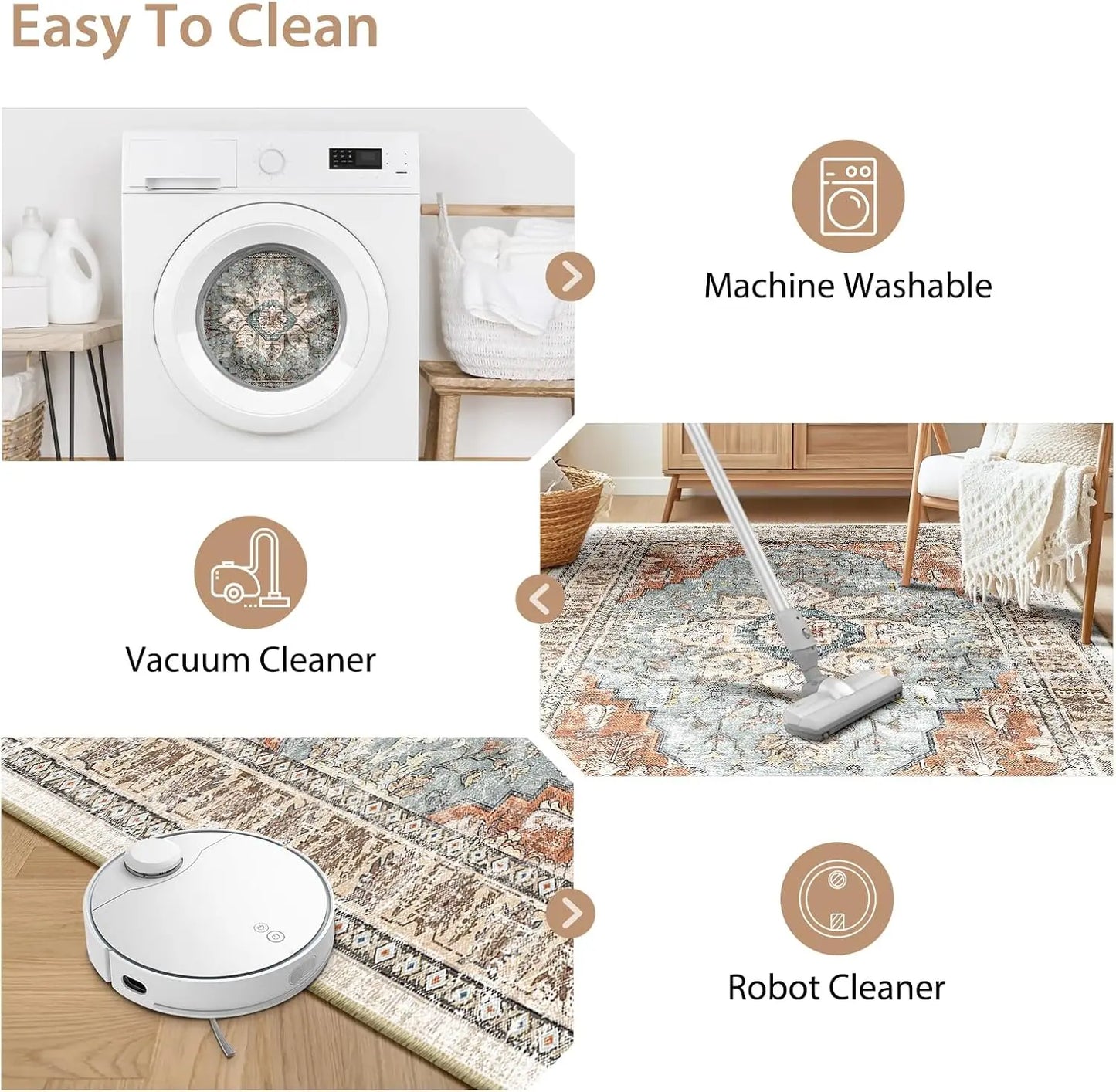 Washable 8x10 Area Rug, Non-Slip Boho Carpet in Green Brick Rust Red