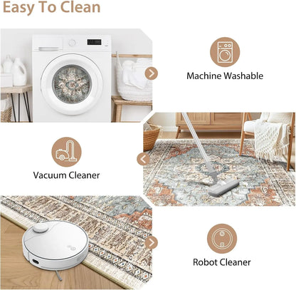 Washable 8x10 Area Rug, Non-Slip Boho Carpet in Green Brick Rust Red