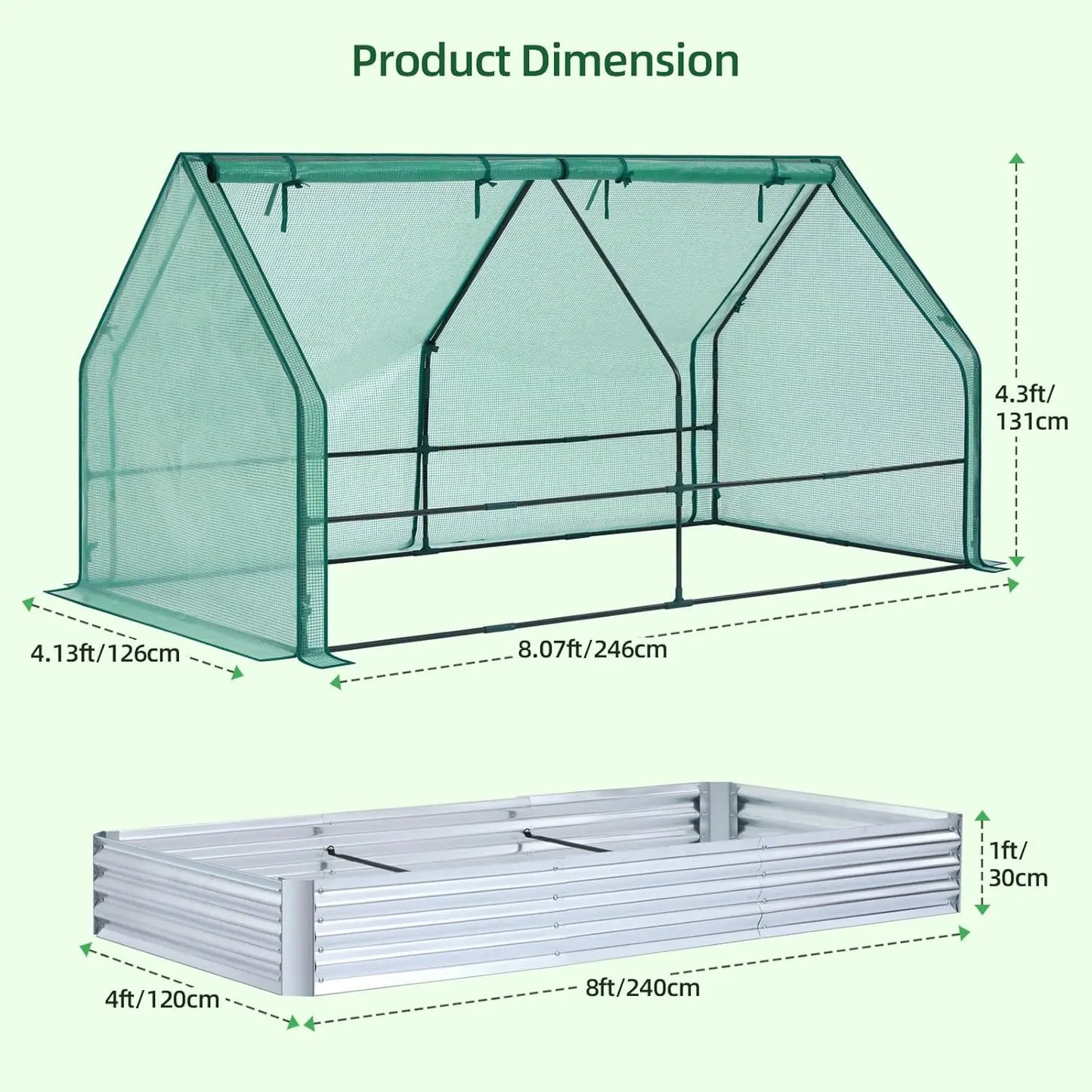 8x4ft Galvanized Raised Garden Bed with Greenhouse Cover