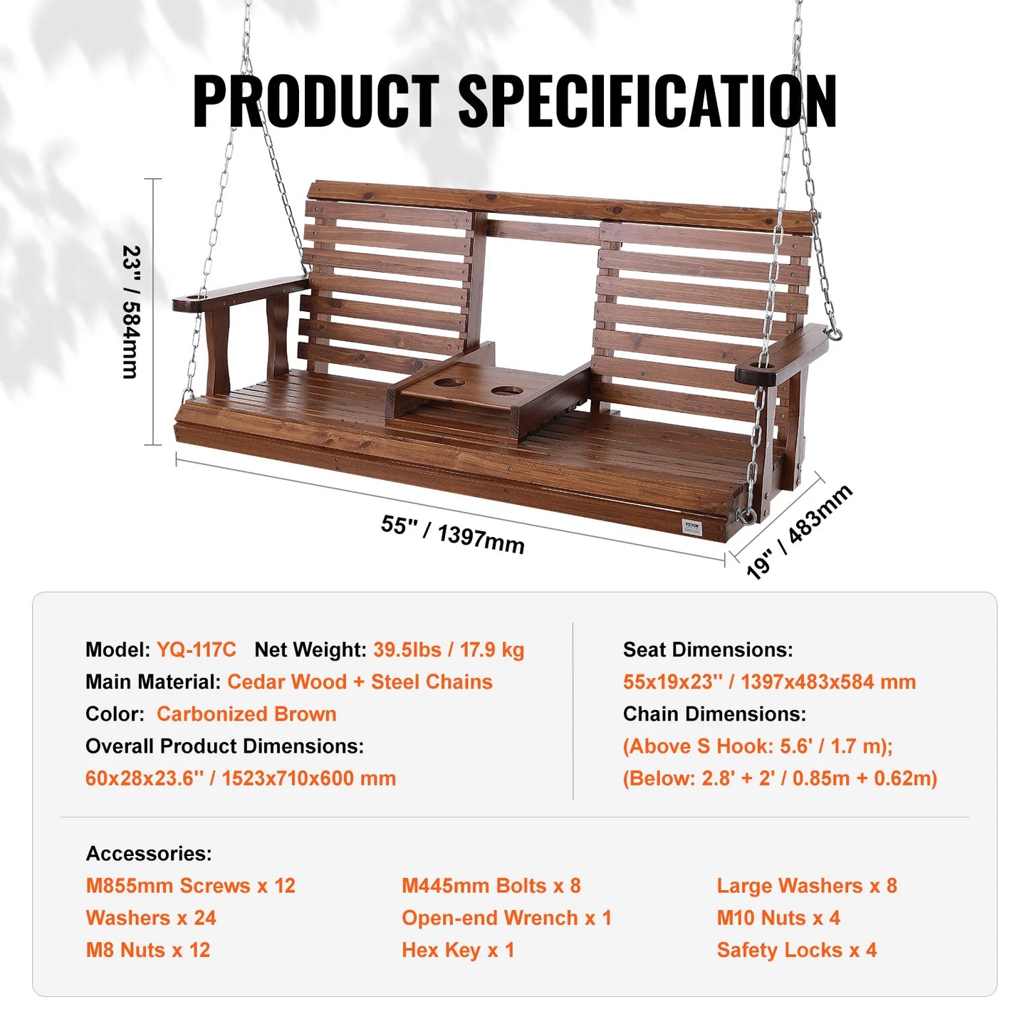 Wooden Porch Swing With Cup Holder/Console