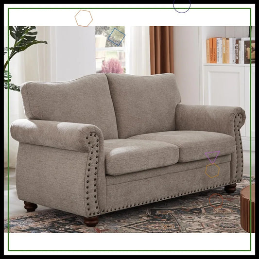 Vintage Chenille Loveseat Sofa 66" with Rolled Arms & Nailhead Trim