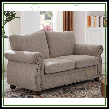 Vintage Chenille Loveseat Sofa 66" with Rolled Arms & Nailhead Trim