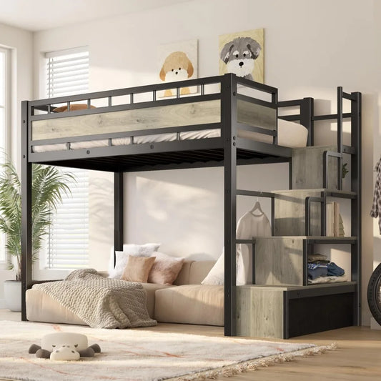 Twin Size Heavy Duty Metal Loft Bed with Stairs, Storage & Large Under-Bed Space