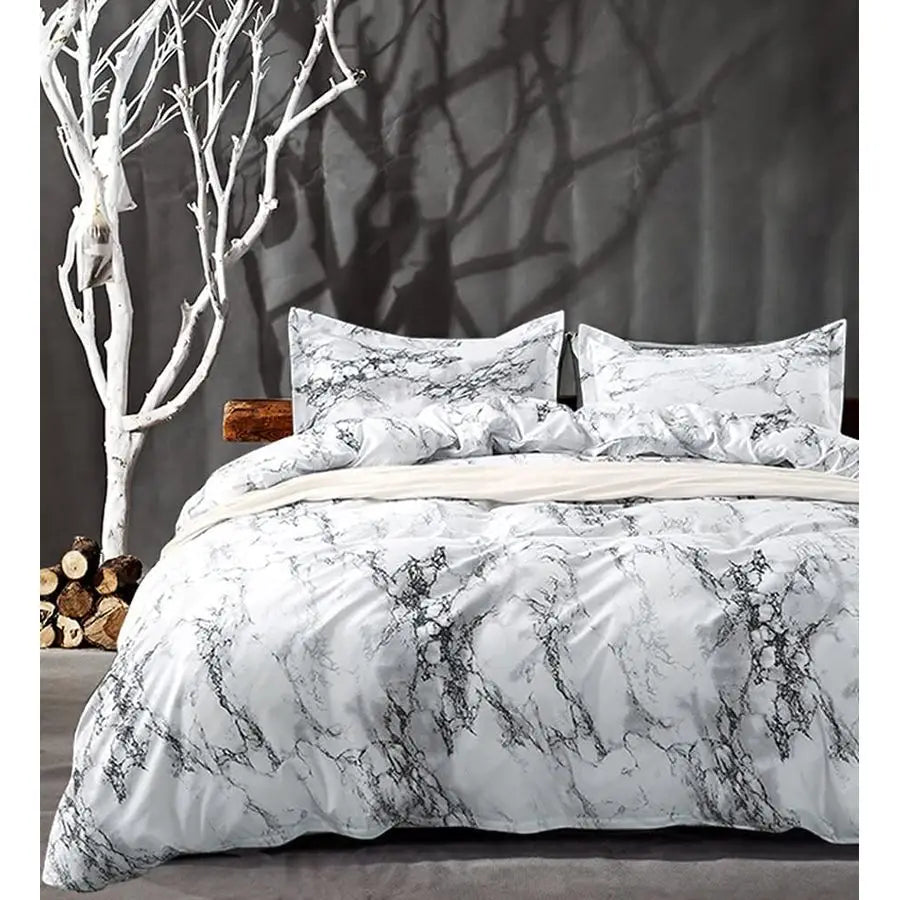 White Black Marble Print 88 x 90 inch Reversible Down Alternative Comforter