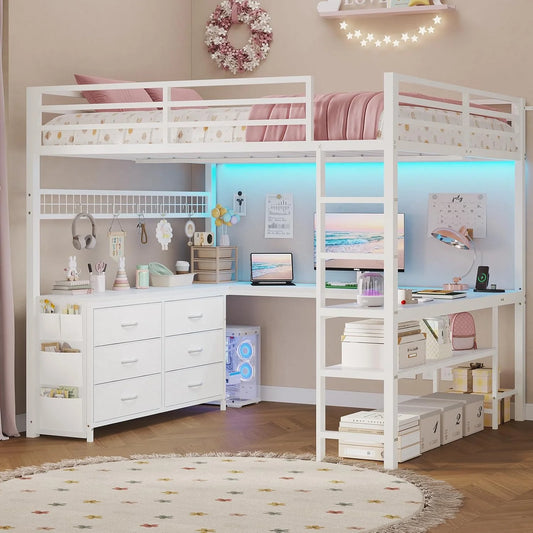 Loft Bed Full Size with U-Shaped Desk, 6 Storage Drawers