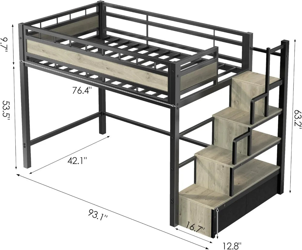 Twin Size Heavy Duty Metal Loft Bed with Stairs, Storage & Large Under-Bed Space