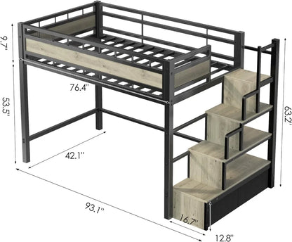 Twin Size Heavy Duty Metal Loft Bed with Stairs, Storage & Large Under-Bed Space
