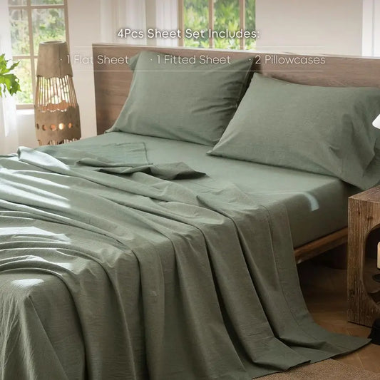 King Bedding Sheet Set 100 Washed Cotton Linen, Heather Green