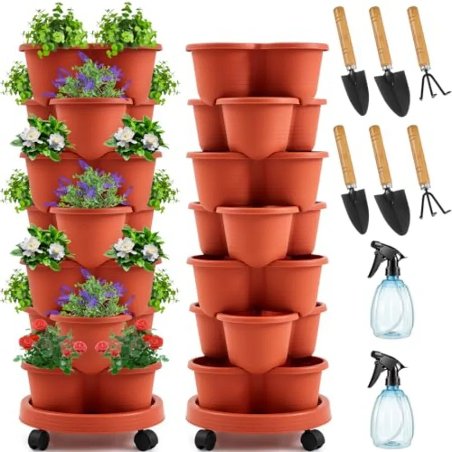 2 Set of 7 Tier Stackable Vertical Planters with Removable Wheels