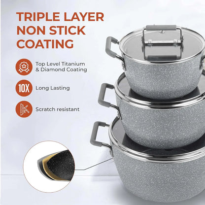 6-Piece Gray Granite Coating Nonstick Stackable Cooking Pots Set