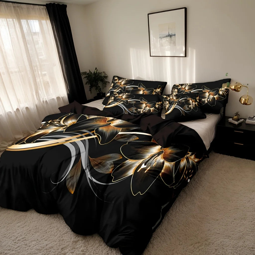 3pcs Polyester Golden Floral Pattern Quilt Cover Set