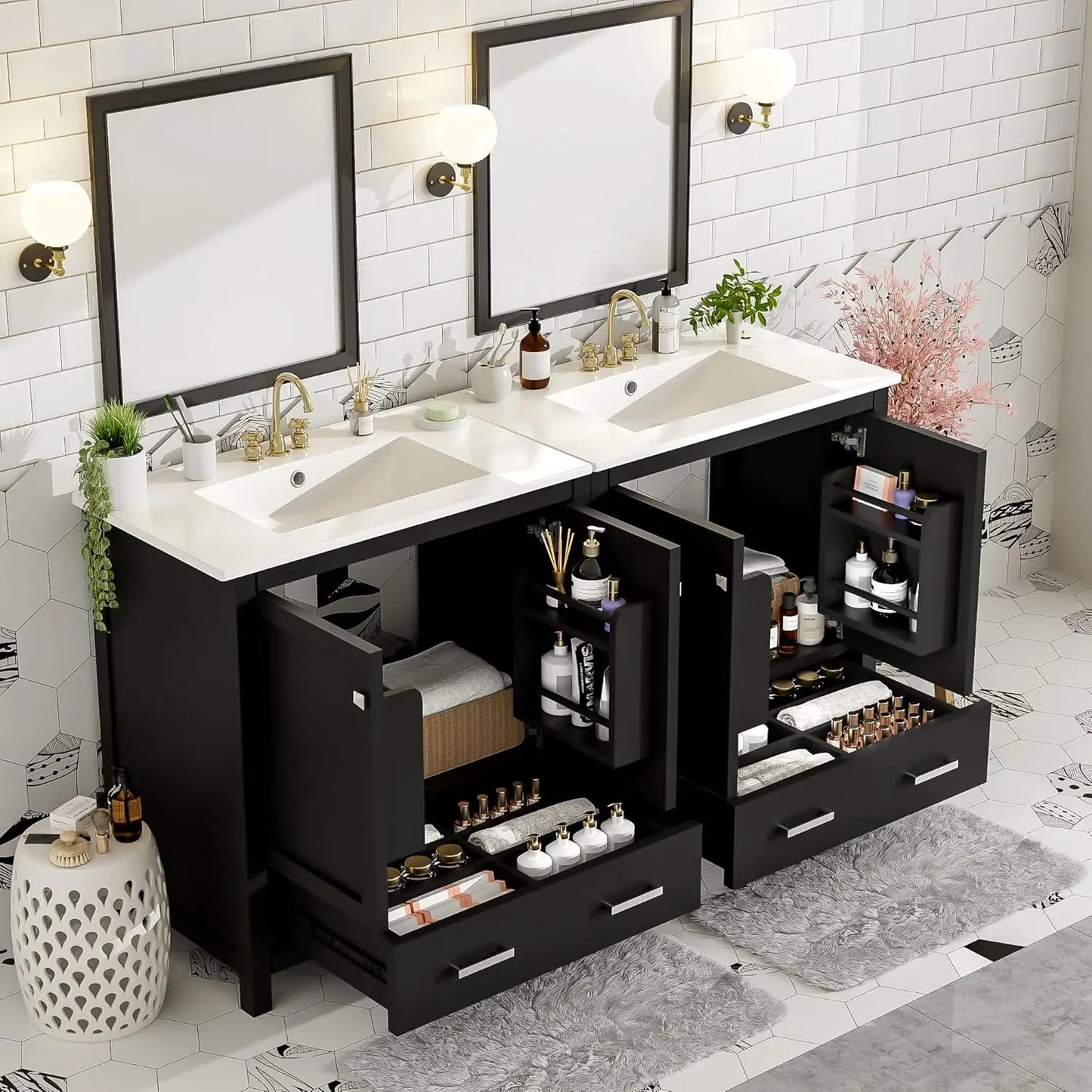 60" Double Sink Bathroom Vanity, Solid Wood Cabinet Storage Drawers