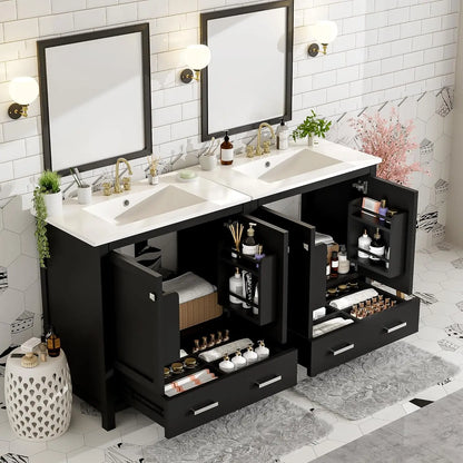60" Double Sink Bathroom Vanity, Solid Wood Cabinet Storage Drawers