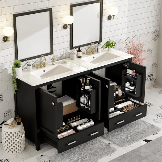60" Double Sink Bathroom Vanity, Solid Wood Cabinet Storage Drawers