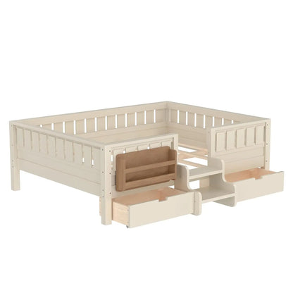 Full Size Kids Montessori Bed Frame with Stairs Bookshelf Drawers