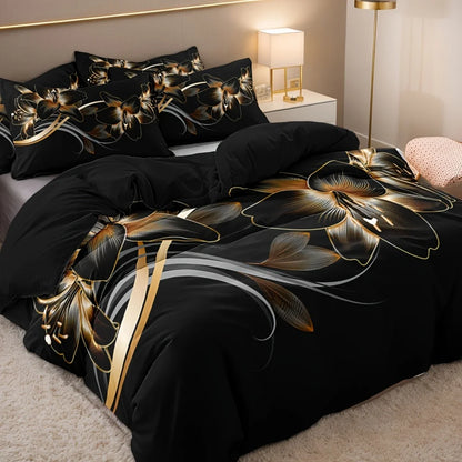 3pcs Polyester Golden Floral Pattern Quilt Cover Set