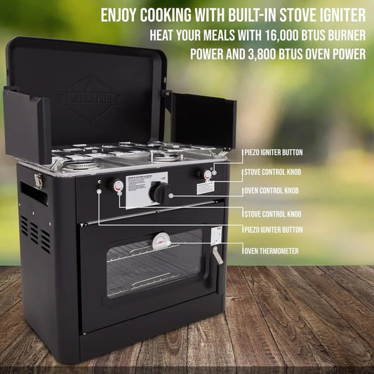 Outdoor Gas Camping Oven, 2-Burner Stove & Auto Ignition