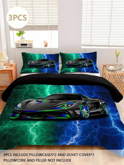 Duvet Cover 3-Piece Bedding Set with 3D Sports Car Print