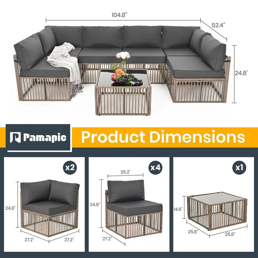 7 Piece Outdoor Sectional Sofa Set with Washable Cushions