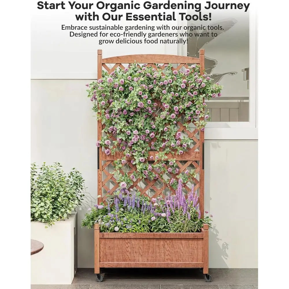 Wheeled Wooden Planter Box with Trellis for Privacy and Patio Gardening