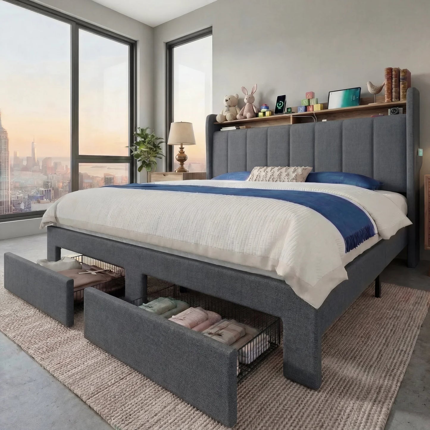 Bed Frame, 2 Storage Drawers/2-Tier Shelves with LED Lights & Charging Station