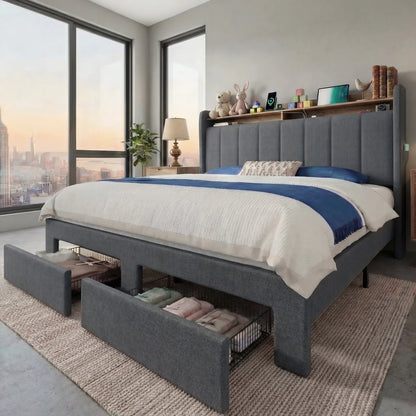 Bed Frame, 2 Storage Drawers/2-Tier Shelves with LED Lights & Charging Station