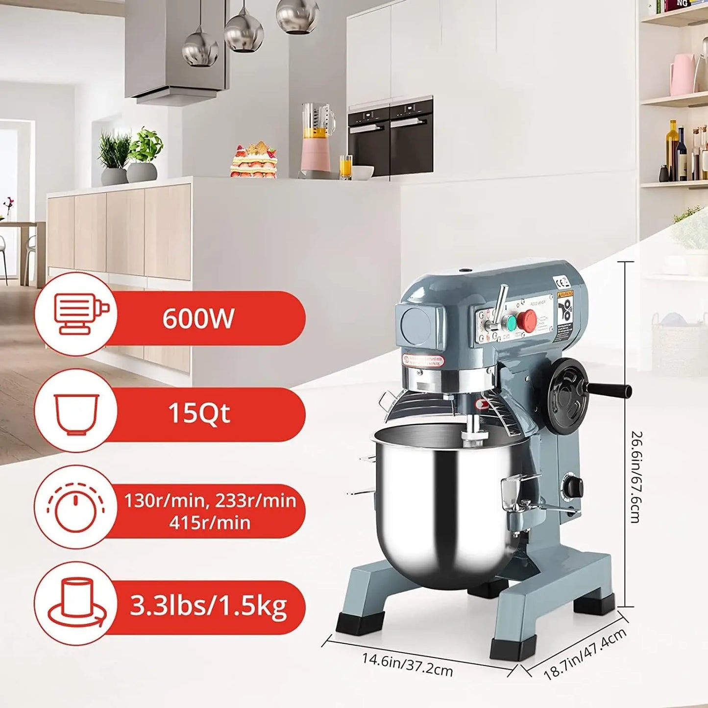 Commercial Stand Mixer with Stainless Steel Bowl, 15QT 600w 3-Speed