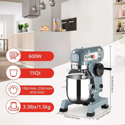 Commercial Stand Mixer with Stainless Steel Bowl, 15QT 600w 3-Speed