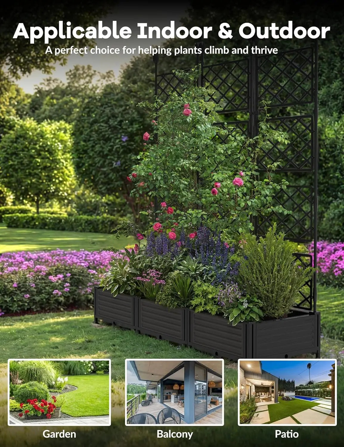 Outdoor Raised Planter Box with Trellis for Climbing Plants, Flowers, & Vegetables