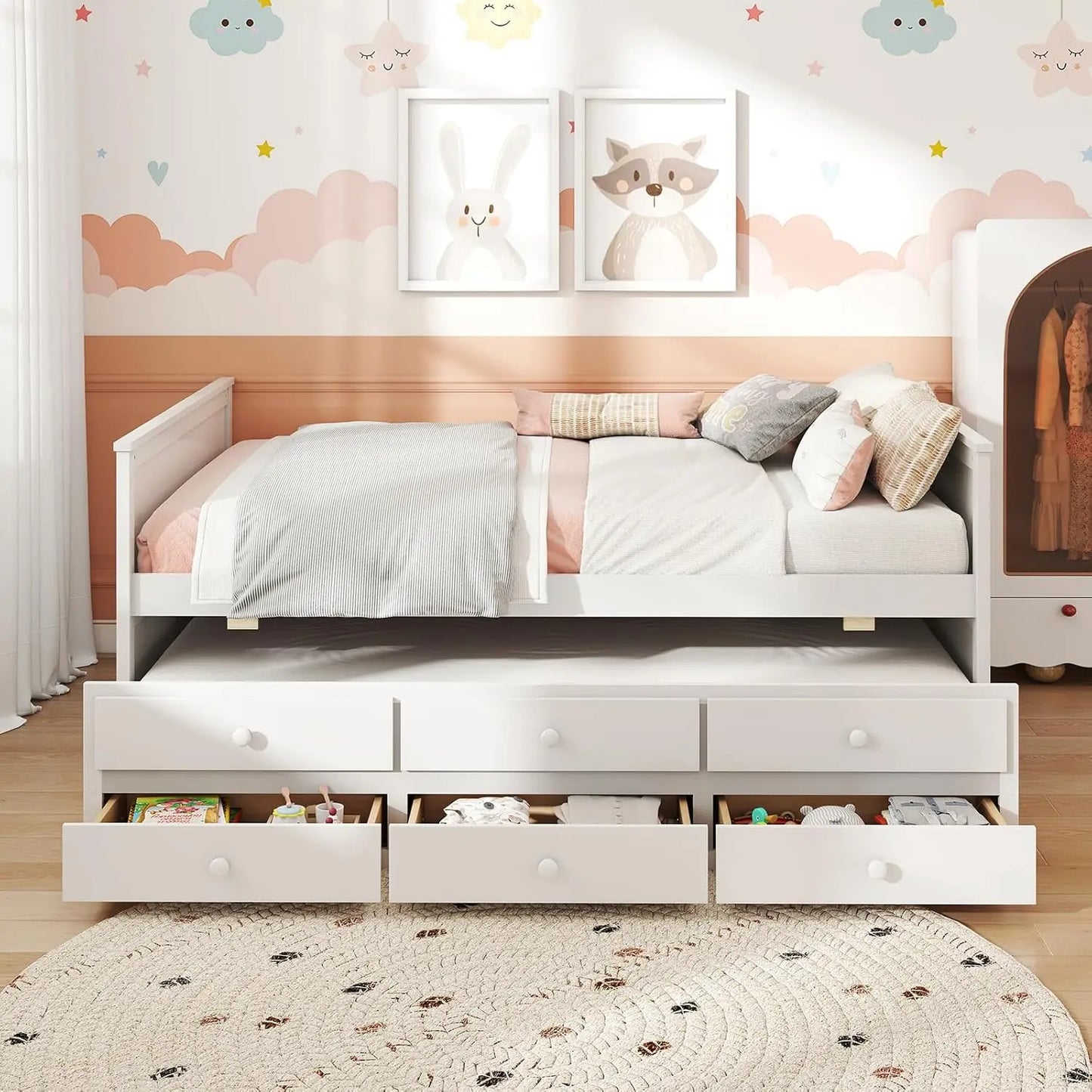 Full Size Bed Frame with Twin Trundle & 3 Drawers