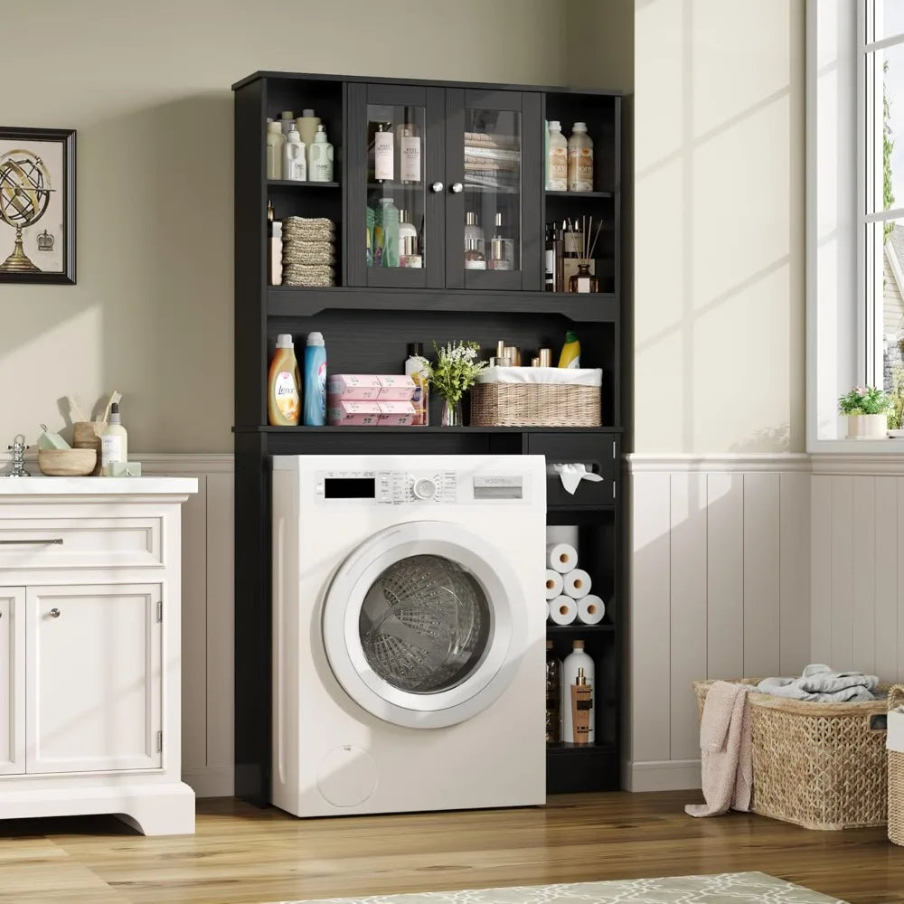 Over Toilet Storage Cabinet with 2 Glass Doors & Paper Holder