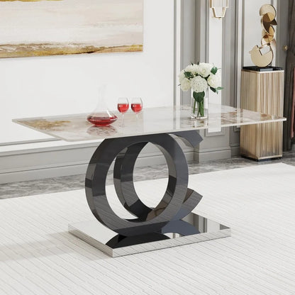 Modern Rectangular Marble Top Dining Table with Black Open-Concept Design Base