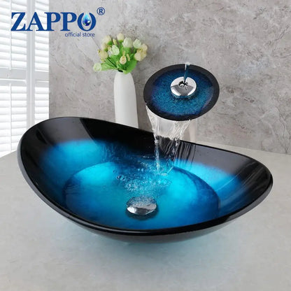 Tempered Glass Bathroom Vessel Sink with Waterfall