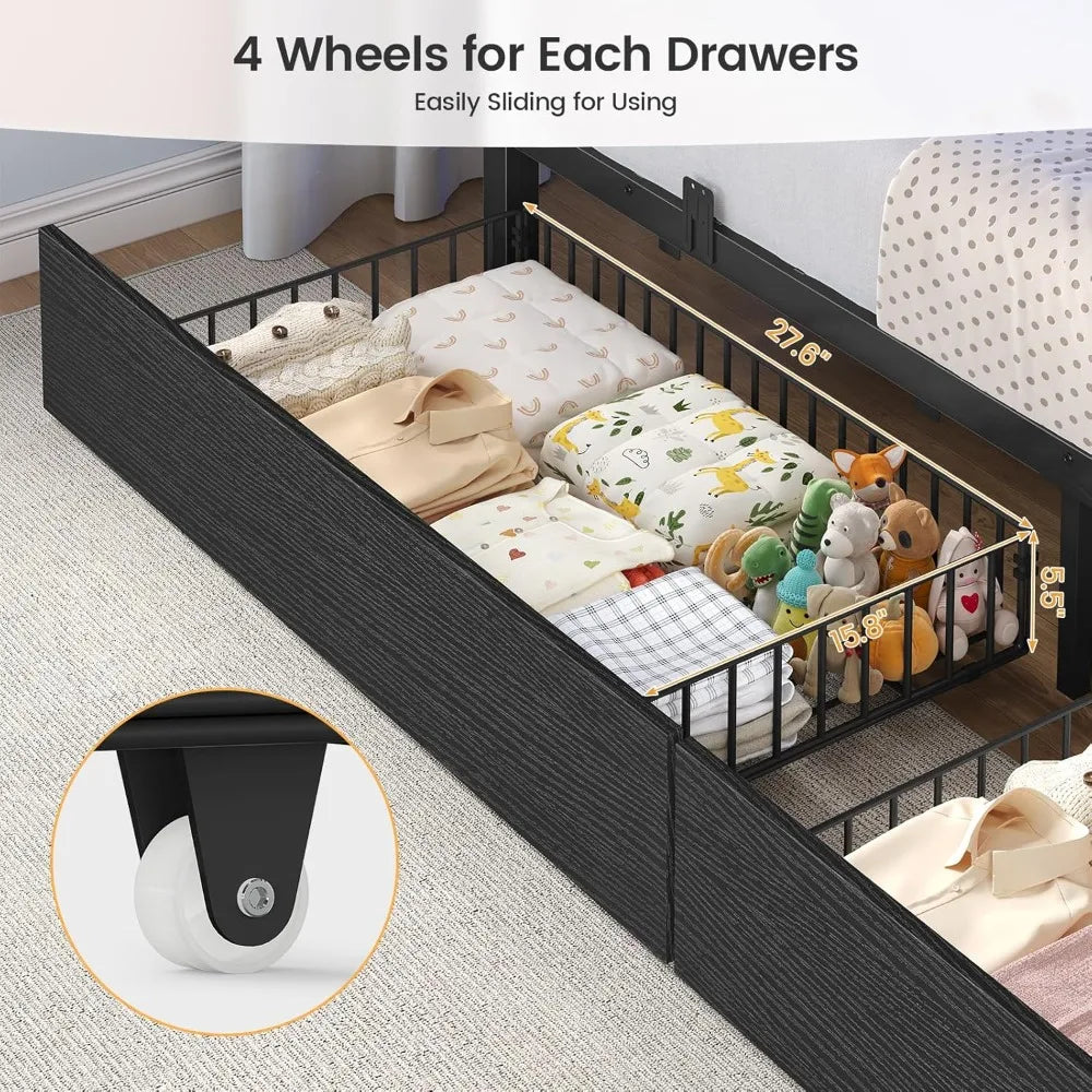 Twin Over Twin Bunk Bed with Stairs, LED Lights, Storage Drawers & Guardrail