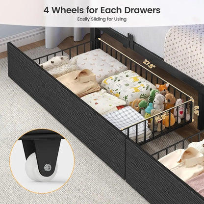 Twin Over Twin Bunk Bed with Stairs, LED Lights, Storage Drawers & Guardrail