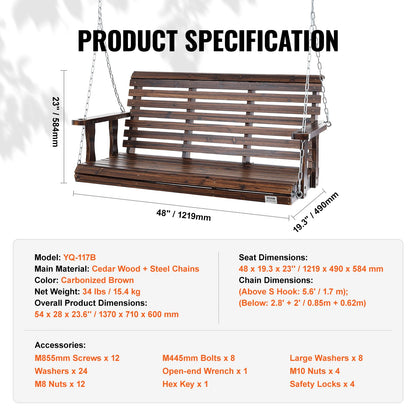 Wooden Porch Swing With Cup Holder/Console