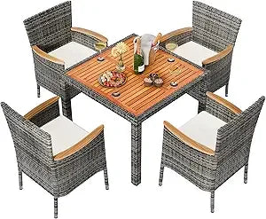 7 Piece Patio Dining Set, Wicker Patio Conversation Set with Wooden Table Top, Outdoor Table and Chairs with Soft Cushions for